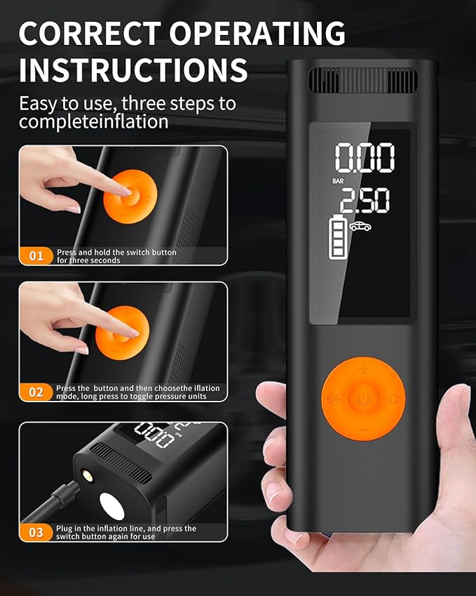 Tire Inflator Portable Air Compressor - 150PSI 4x Faster Portable Tire Inflator for Car - Air Pump For Car Tires with Digital Pressure AutoOff Smart Air Pump Suitable SUV, Bike and More (Orange)