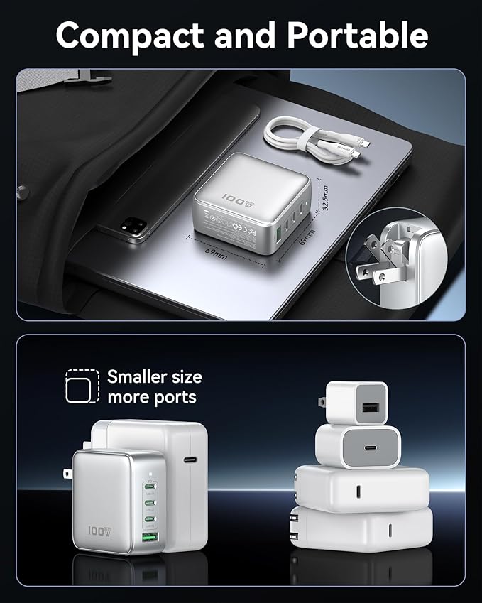 100W USB C Charger, 4-Port GaN Charger Block Charging Station, Foldable and Compact Fast Wall Charging Power Adapter for MacBook, iPad, iPhone Series, Galaxy S24/S23, Steam Deck, Google Pixelbook