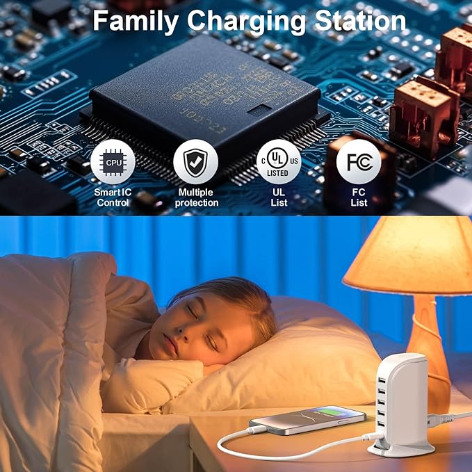Charging Station for Multiple Devices Upoy, Multi USB Tower Hub with 5 USB+1 Type C Ports, USB C Charger Block Fast Charging for Apple/Samsung/Android Gadgets, Cute Home Office Desk Accessories