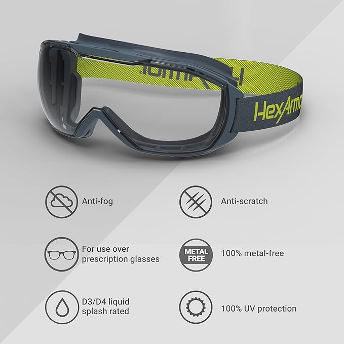 HexArmor | Wide view 100% UV protective antifog z87 safety goggles to wear over glasses | MX500