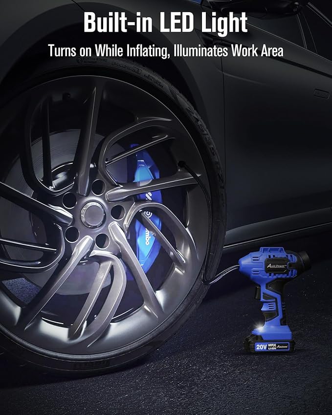 Avid Power Cordless Tire Inflator Portable Air Compressor, 20V Rechargeable Battery Tire Pump w/ 12V DC Power Adapter, Digital Pressure Gauge, Auto Air Pump for Many Inflatables (Blue)