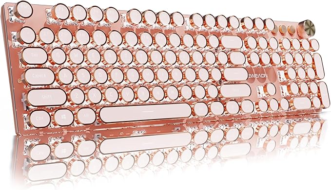 EWEADN V20 Typewriter Keyboard Wireless, 104 Keys Typewriter Style Mechanical with White Backlit, Media Knob, Pink Switch 2.4G/Bluetooth/USB-C Wired Retro Full Size Keyboard for Windows/Mac/PC-Pink