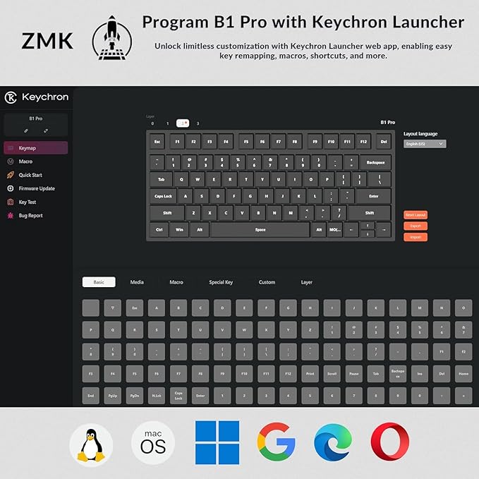 Keychron B1 Pro Ultra-Slim ZMK/Launcher Wireless Bluetooth 2.4 GHz/Wired Connection Keyboard for Mac Windows Linux - Retro Blue