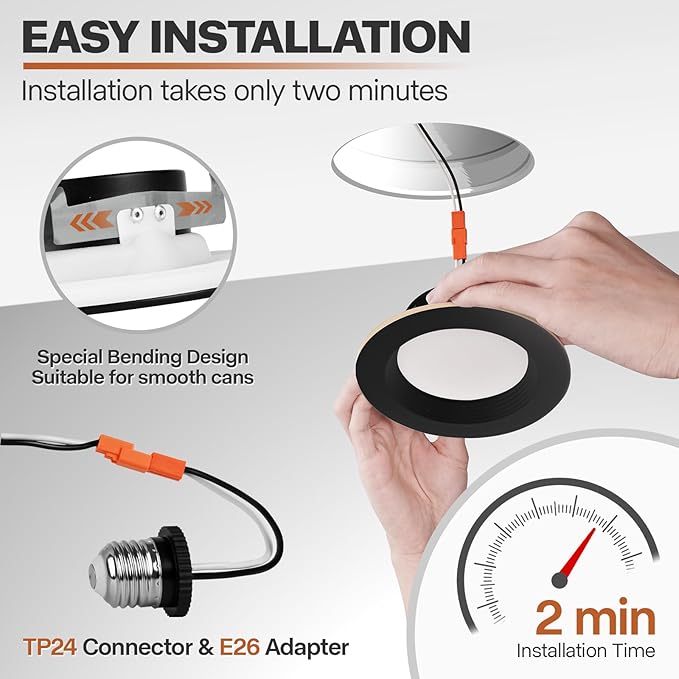 12 Pack 4 Inch Black LED Can Lights with Night Light, 5CCT Retrofit Recessed Lighting Selectable 2700K-6000K Dimmable, 9W=55W, 630LM Downlight with Metal Smooth Trim - ETL and Energy Star