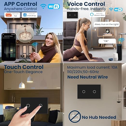 Smart Light Switch 3 Way Need Neutral Wire,FCC Certified,2.4GHz WiFi Switch Glass Panel APP Control Timer Work with Tuya/Smart Life,Alexa and Google Home,Black 2 Gang
