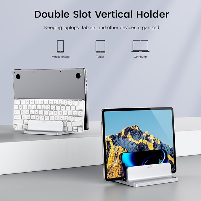 acer Dual Vertical Laptop Stand, Upright Desktop Stand Holder with Adjustable Dock (Up to 15.7''), Aluminum Laptop Rack Storage Desk Organizer for Tablet, MacBook/Samsung/HP/Dell/Chrome Book-Silver