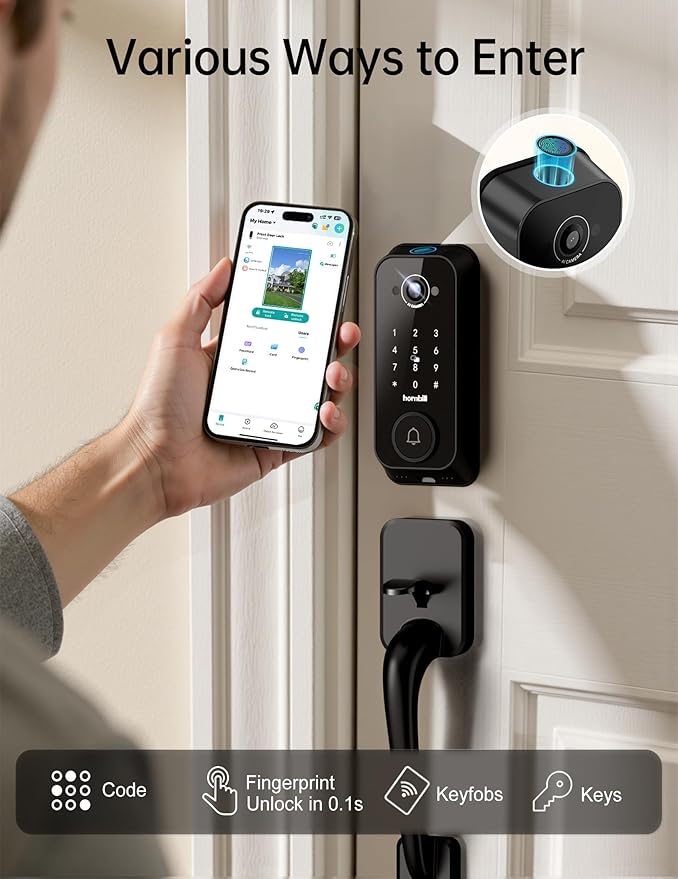Video Smart Lock with Camera: 4-in-1 Ring+2K Camera+Doorbell+Fingerprint Hornbill Keyless Entry Door Lock, Built-in WiFi Deadbolt(only 2.4G), Two-Way Audio/App Remote Control/PIR, No Monthly Fee