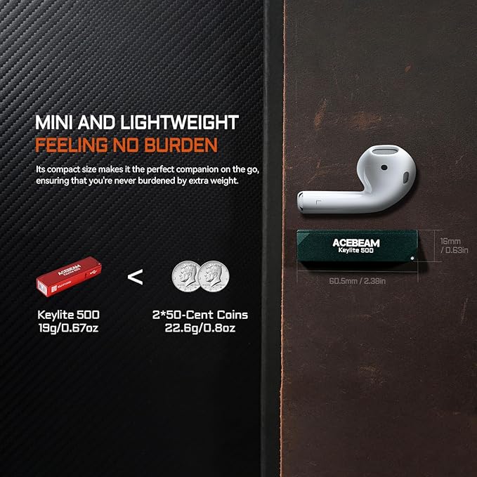 ACEBEAM Keylite 500 High Lumens Keychain Flashlight Rechargeable, Ultra-Compact Flat Pocket EDC Flashlight with Dual LEDs, 6 Modes, Type-C Charging, Small MINI Flash Light for Emergency, Home, Outdoor