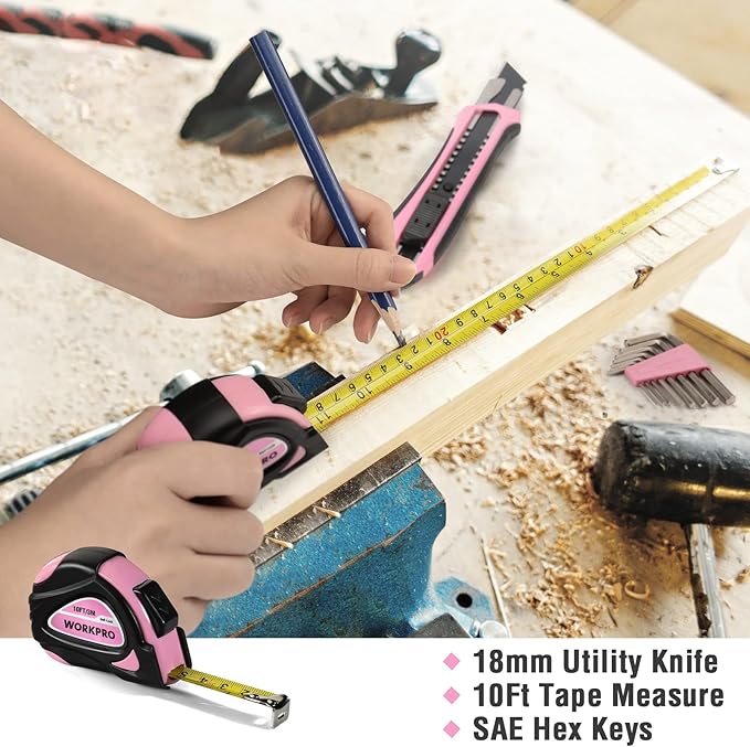 WORKPRO 35-Piece Pink Tools Set, Household Tool Kit with Storage Toolbox, Basic Tool Set for Home, Garage, Apartment, Dorm, New House, Back to School - Pink Ribbon