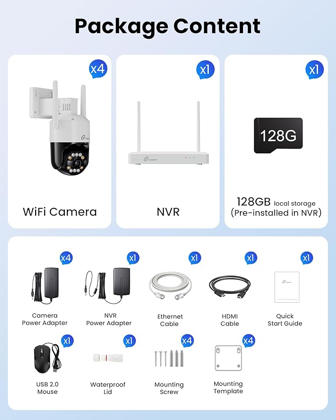 5MP Wireless Security Camera System Wi-Fi 6, Color Night Vision, 355° Pan 95° Tilt, Light & Siren Alarm, Human Vehicle Detection, Two-Way Audio for Indoor Outdoor,8CH NVR 128GB Local Storage