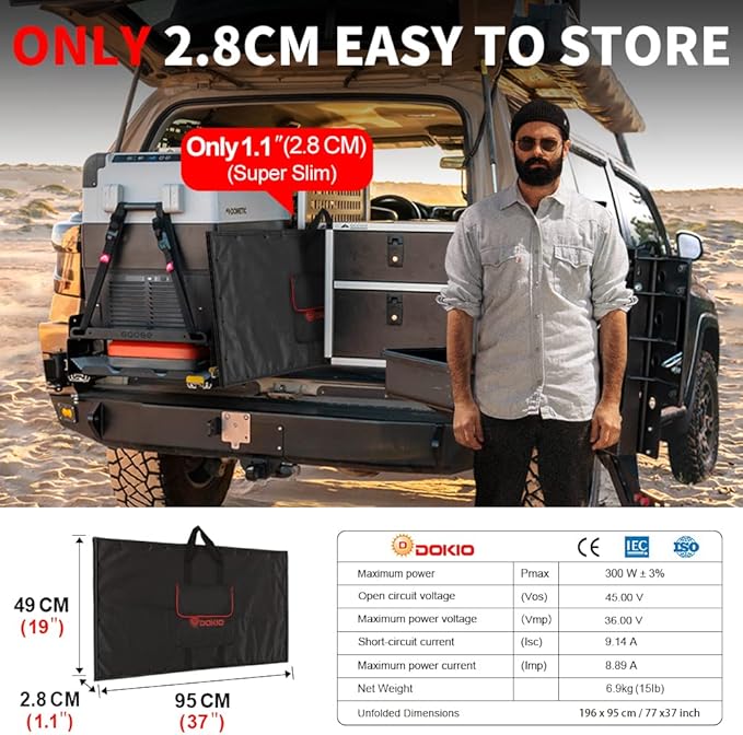 DOKIO 300W 36V Portable Folding Solar Panel Kit for 24V Batteries & Power Stations Lightweight Charger for AGM, LiFePO4, Deep Cycle — RV, Trailer, Truck, Boat, Camping, Van, Emergency