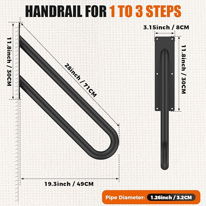 GORWARE Handrails for Outdoor Steps,28" U-Shaped Handrail Wall Mount with Matte Black Finished,1-3 Steps Railings,Safety Grab Bar for Outdoor Indoor Stairs, Garage, Porch, Toilet, Yard and Garden