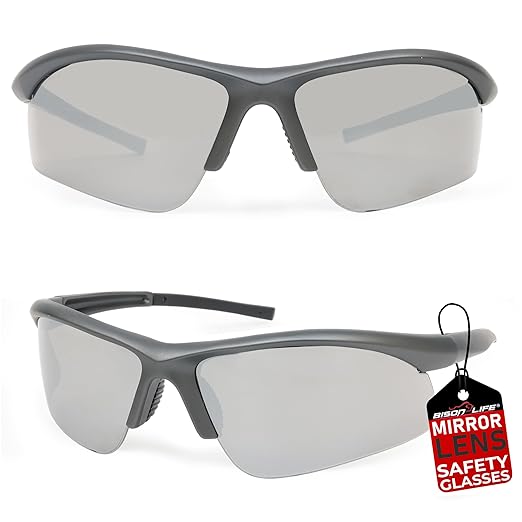 BISON LIFE Sport MTX Gray Mirror Lens Black Temple Safety Glasses, ANSI Z87+, Impact Resistant, Anti-Scratch UV Protection Lens for Shooting, Yard Work, Cycling, and Outdoor Activities (1 Pack)