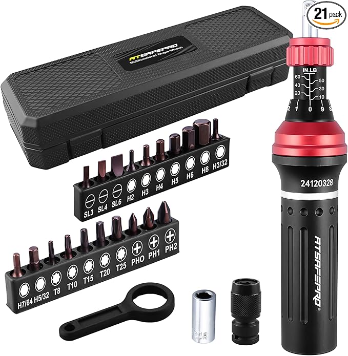 Torque Screwdriver - 10-60 in.lb,21 Pcs Inch Pound Torque Screwdriver Set - 1/4" Elastic Bit Holder and Bit Holder, Buckle Clamp, Flat, Hex, Torx, Philips, Fit for Bicycle, DIY, Tool Maintenance