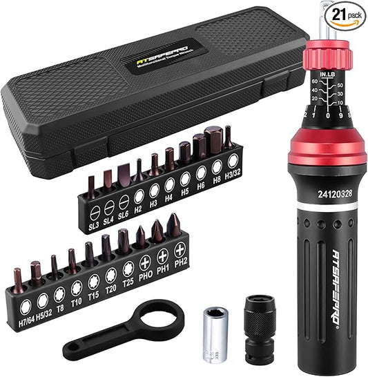 Torque Screwdriver - 10-60 in.lb,21 Pcs Inch Pound Torque Screwdriver Set - 1/4" Elastic Bit Holder and Bit Holder, Buckle Clamp, Flat, Hex, Torx, Philips, Fit for Bicycle, DIY, Tool Maintenance