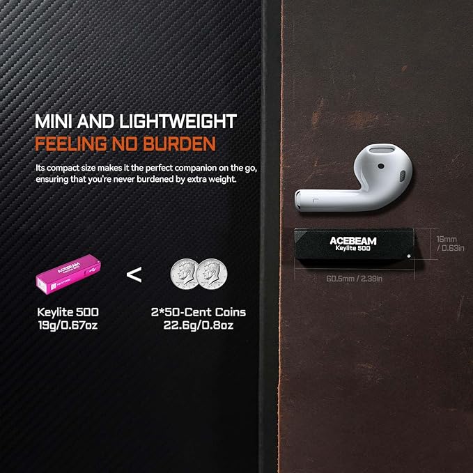 ACEBEAM Keylite 500 High Lumens Keychain Flashlight Rechargeable, Ultra-Compact Flat Pocket EDC Flashlight with Dual LEDs, 6 Modes, Type-C Charging, Small MINI Flash Light for Emergency, Home, Outdoor