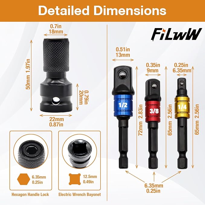 1/2-Inch Drive to 1/4-Inch Hex Drive Quick Change Adapter with Impact Grade Socket Adapter Set, Socket Adapter Converter Chuck Adapter for Impact Air and Electric Wrench