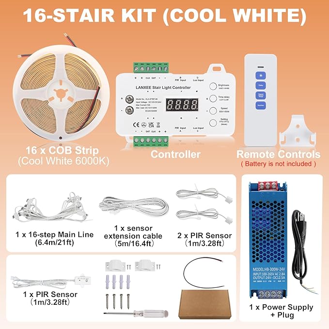 Smart Motion Sensor Stair Light for Indoor Use with Main Wire, No Wiring Required 40 inches Long COB LED Stair Lights Indoor with Remote Controller (Cool White 6000K, 16 Stairs)