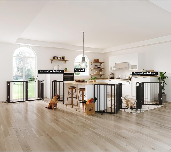 JSB 192-inch Extra Wide 30-inch Tall Dog gate with Door Walk Through,Full Matel Freestanding Round Tube Pet Gate for Halls Stairs, Puppy Safety Dog Fence with 4PCS Support Feet (Black)