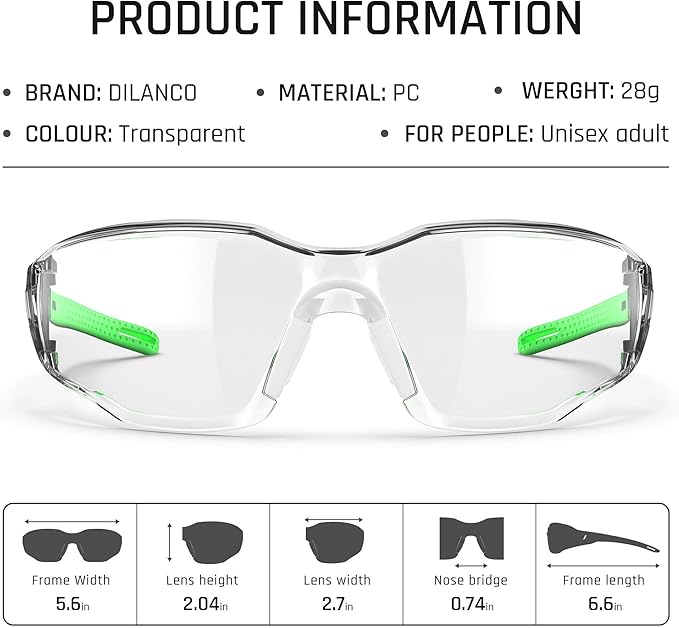 DILANCO Clear Safety Glasses Goggles, Adjustable Frames and Scratch-Resistant with No-Slip Grips Safety Glasses for Women Men