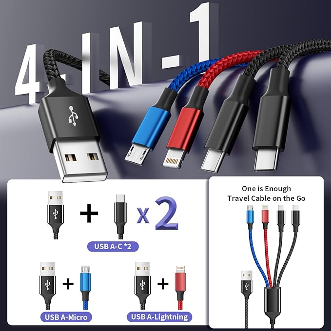 Travel Essentials, Dual Type-C 4 in 1 Multi Charging Cable for Multiple Devices, USB Cables Universal Phone Charger Cord with IP/Micro/2 USB-C Port for iPhone17/16/15/14, Android Tablet Pad, 2Pack 5FT