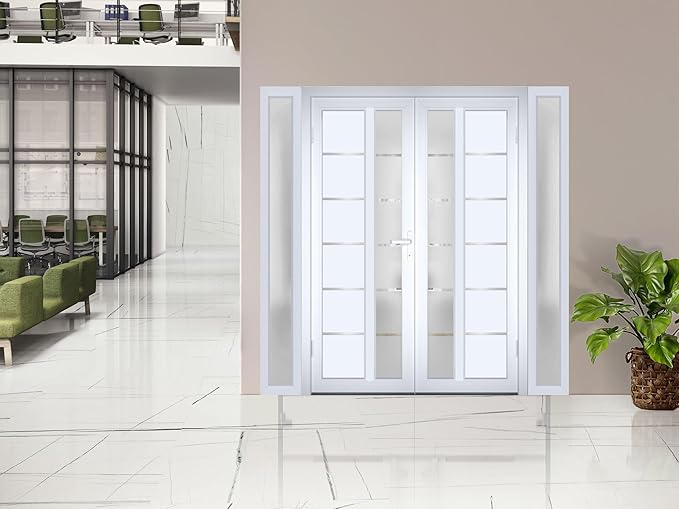 VDOMDOORS Front Exterior Prehung Metal-Plastic Double Doors/MANUX 8088 White Silk / 2 Sidelites Exterior Windows/Residential Doors Entrance Patio Garage 96 x 80