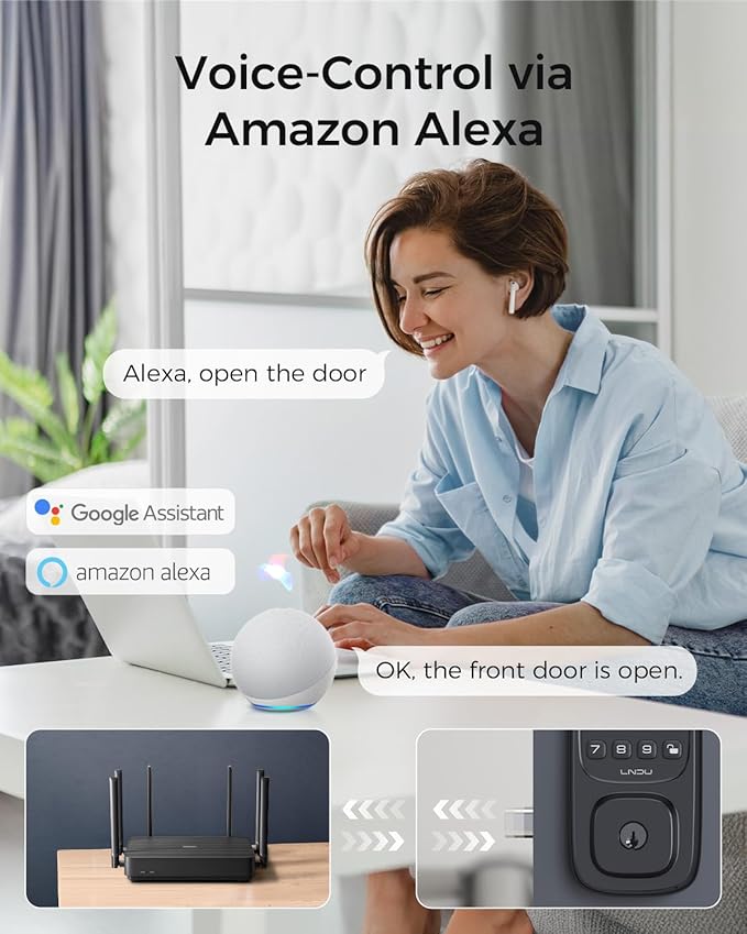 Smart Lock, LNDU Wi-Fi Keyless Entry Door Deadbolt Lock with HandleSet, Supports Fingerprint, Amazon Alexa, Google Assistant, App Control, Auto-Lock, One-Time Code, Anti-Peeking Password