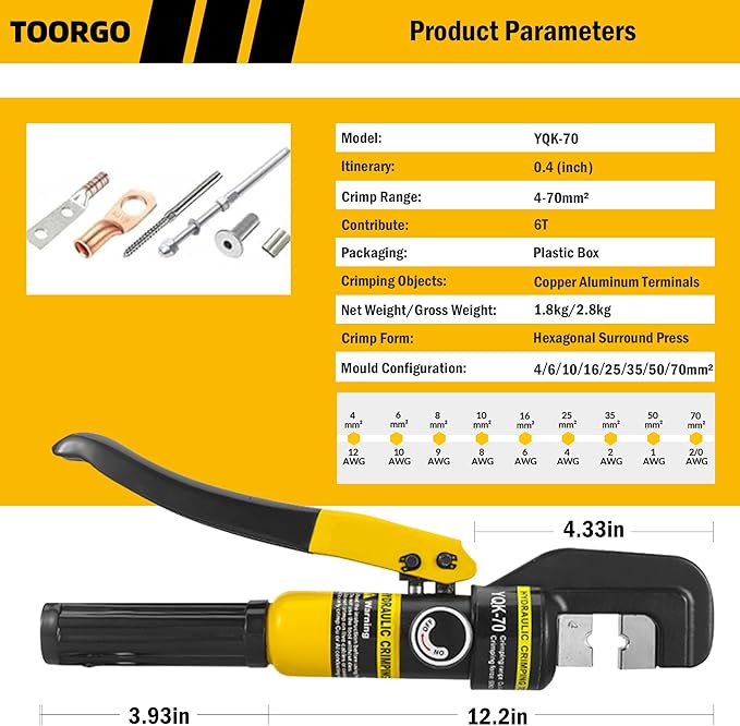 10 Ton Hydraulic Crimping Tool, 12 AWG to 2/0 AWG Hydraulic Crimper with 9 Dies, for Wire Rope, Copper Lugs, Ring Terminals, Electrical Connectors