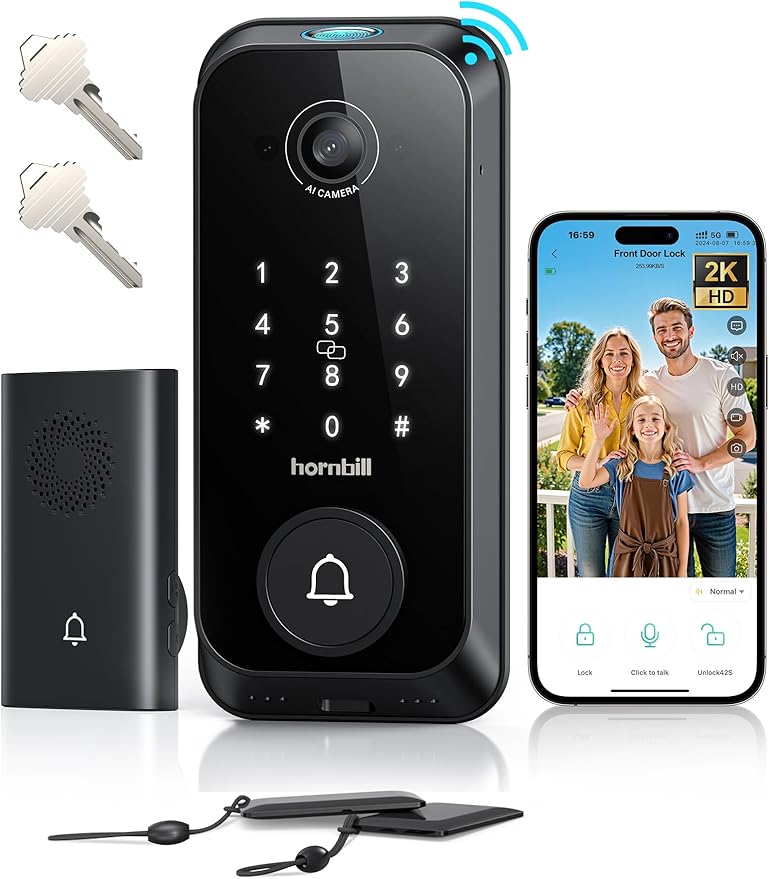 Video Smart Lock with Camera: 4-in-1 Ring+2K Camera+Doorbell+Fingerprint Hornbill Keyless Entry Door Lock, Built-in WiFi Deadbolt(only 2.4G), Two-Way Audio/App Remote Control/PIR, No Monthly Fee