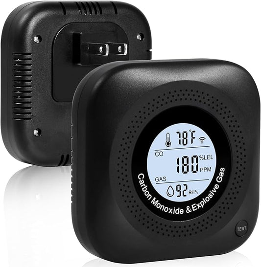 Carbon Monoxide Detectors, 4-in-1 Natural Gas Leak Detector, Portable Carbon Monoxide Detector, Plug in Wall CO Alarms with AC Socket and Temperature & Humidity Monitoring for RV, Home, Hotel (Black)