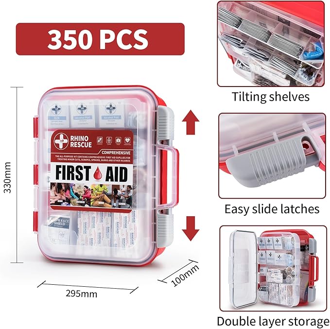 RHINO RESCUE 350 Pieces OSHA All-Purpose First Aid Kit, Home & Office Professional Medical Supplies, Ideal for Emergency, School, Business