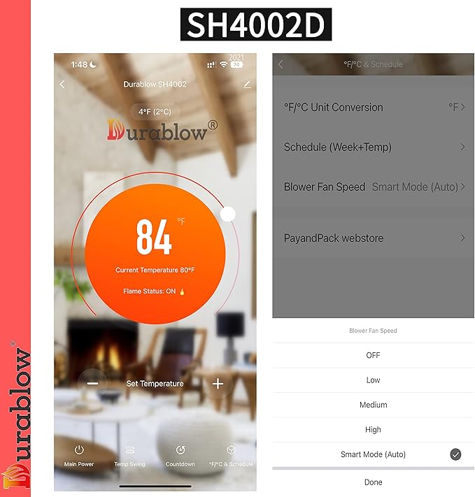 Durablow Durablow SH4002D Dual WiFi (2.4G+5G) Thermostat for Gas Fireplace Valve + Blower Remote Control, Smart Home, Work with Alexa, Google Home, Siri, On/Off+Timer + Thermostat + Blower Fan Control