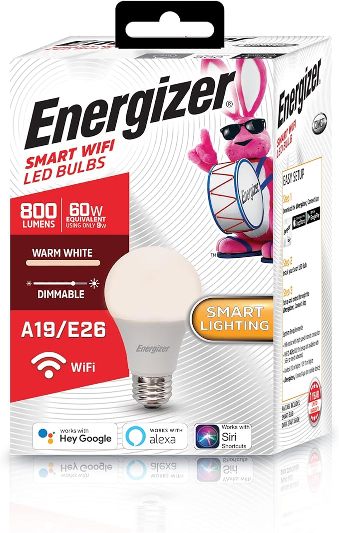 Energizer Connect Smart A19 LED Warm White Light Bulb with Voice Control and Remote Access Through Your Smartphone | Compatible with Alexa and Google Assistant