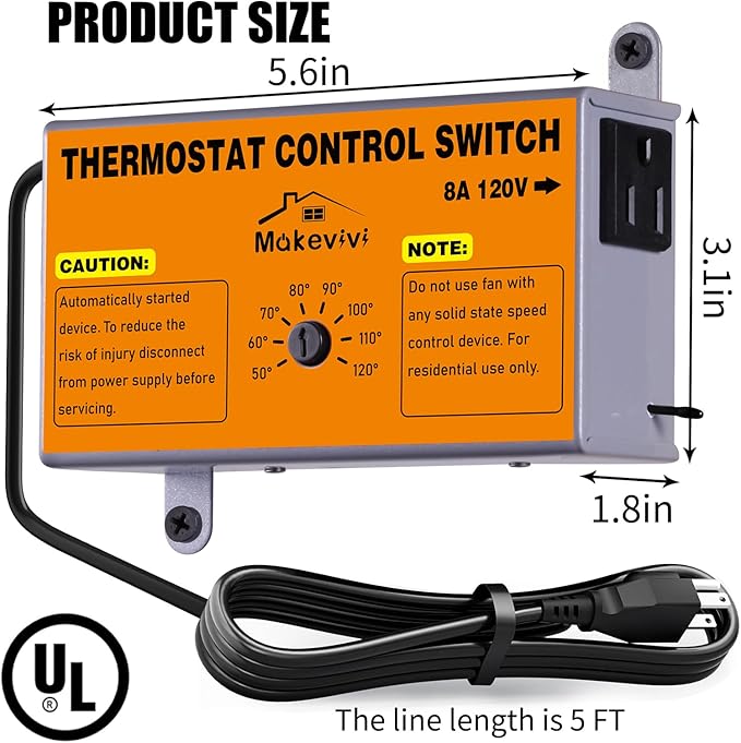 Attic Fan Thermostat-Control, Adjustable Thermostat with Overload Protector, Temperature Controlled Attic Fan, with Socket Easy to Install, Exhaust Fan Temperature Controller for Workshop, Greenhouse