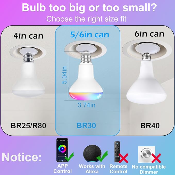Smart Light Bulbs,BR30 Smart Bulbs Compatible with Alexa,Flood Light Bulbs 10W 900LM,RGBCW Color Changing Light Bulb,2.4Ghz WiFi Bulb,APP Dimmable E26 Base,4Pack