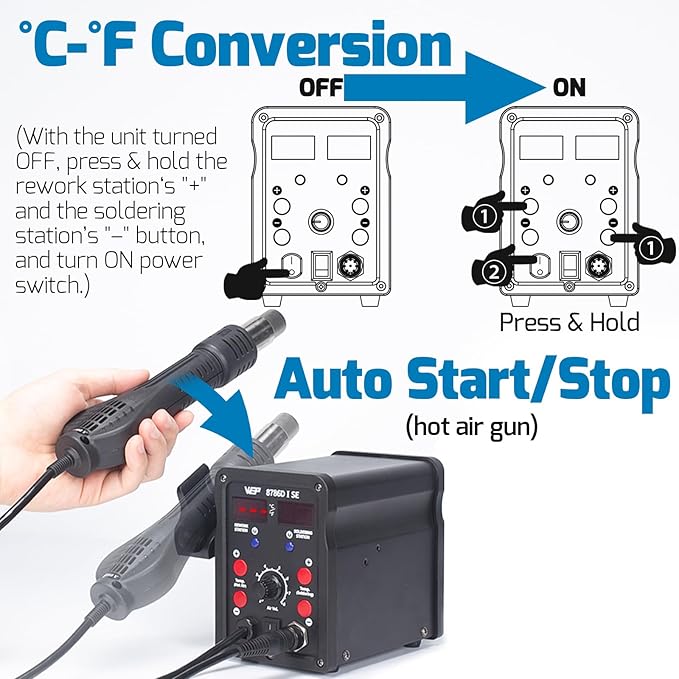 WEP 8786D-I SE Hot Air Soldering Iron Station Kit 2-IN-1 for Rework, Desoldering with Lead-Free Solder Wire, 5 Soldering Tips, 3 Hot Air Nozzles,Tweezers, Desoldering Pump