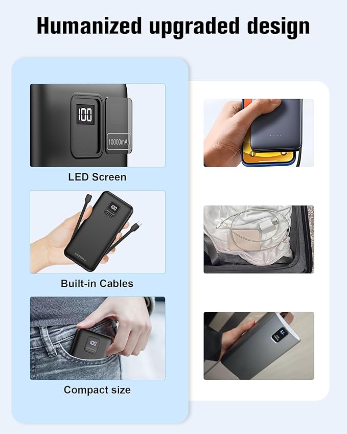 AsperX 2-Pack 10000mAh Portable Charger with Built-in Cables, USB-C Output Power Bank Fast Charging, LED Display Travel Essential Battery Pack for iPhone Android Google Pixel LG iPad Heated Vest, etc