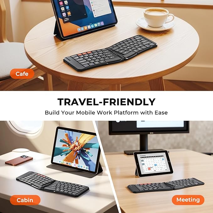 MEETION Ergonomic Foldable Bluetooth Keyboard, Split Compact Portable Keyboard for Business Travel, Ultra-Thin Folding Rechargeable Wireless Keyboards for iOS Android Windows Mac Tablet PC Smartphone