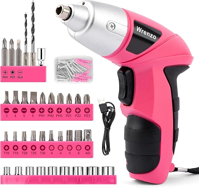 116 Pieces Pink Cordless Electric Screwdriver 3.6V Set Cordless & Rechargeable with Driver Bit Set for women 1500mAh Battery, LED Light for Furniture/Electrical Repairs