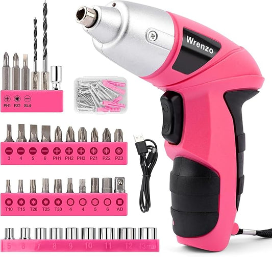 116 Pieces Pink Cordless Electric Screwdriver 3.6V Set Cordless & Rechargeable with Driver Bit Set for women 1500mAh Battery, LED Light for Furniture/Electrical Repairs