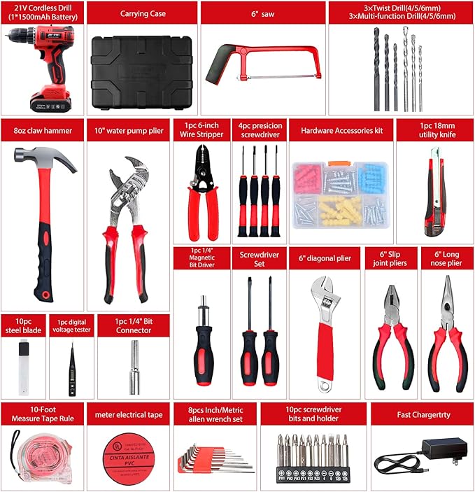 jar-owl Cordless Drill Set, 21V Brushless Drill Driver Kit, 1x 1.5Ah Li-ion Batteries, 319 In-lbs Torque, 3/8”Keyless Chuck, 2-Variable Speed, 25+1 Clutchfor for Home Tool Kit