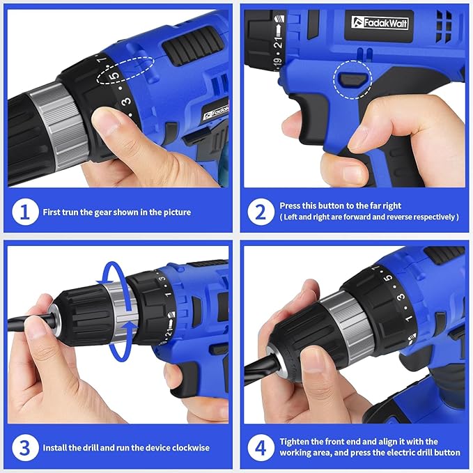 20V Electric Drill Set with Battery and Charger, 30N Torque, 21+1 Settings, 3/8-Inch Keyless Chuck, LED Electric Drill Set (Blue)