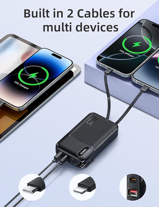 RORRY Portable Charger Built in Cables, AC Wall Plug In Portable Charger Power Bank 10000mAh Travel Battery Pack 22.5W Fast Charging for iPhone 16/15/14 Samsung Galaxy S24/S23/S22 Pixel LG iPad, Black