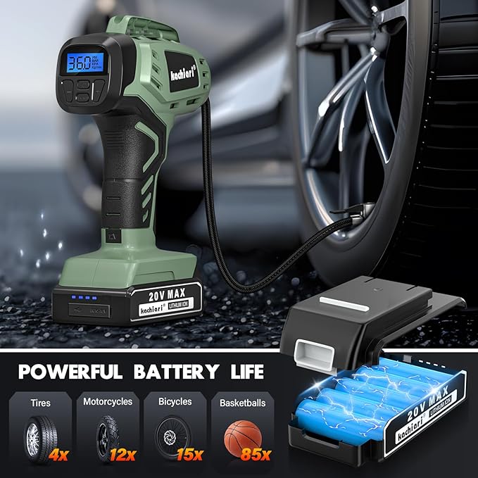 Tire Inflator Portable Air Compressor, 20V Cordless Car Tire Pump, Rechargeable Battery Powered Air Compressor w/12V DC Adapter Green