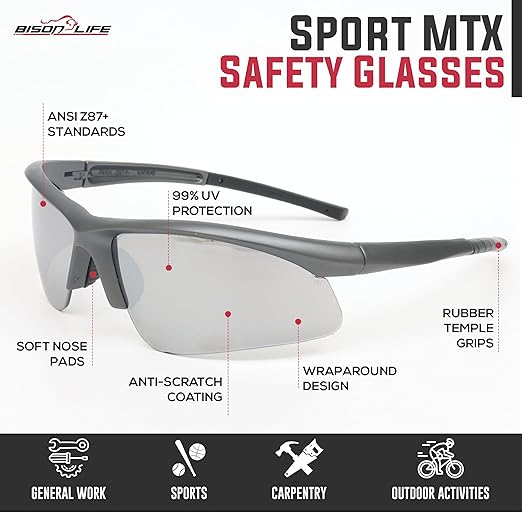 BISON LIFE Sport MTX Gray Mirror Lens Black Temple Safety Glasses, ANSI Z87+, Impact Resistant, Anti-Scratch UV Protection Lens for Shooting, Yard Work, Cycling, and Outdoor Activities (1 Pack)