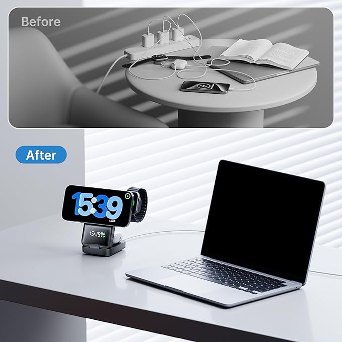 GUSGU 3 in 1 Wireless Charging Station with Real-Time Power and Time Display, Foldable Charging Stand, Compatible with iPhone 17/Air/16/15/14/13/, Apple Watch Series 11/SE3/ Ultra 3, AirPods Pro 3