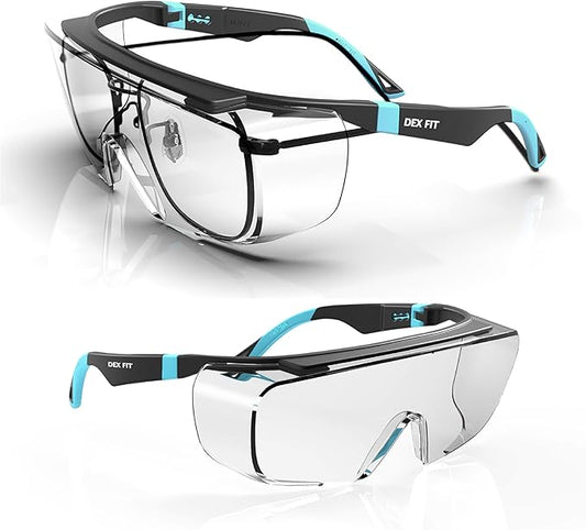 DEX FIT Safety Work Over Glasses SG210 OTG; Z87 Eye Protection for Men & Women, Fog & Scratch Resistant, Adjustable, UV Block (Black & Blue Frame, Clear Lens)