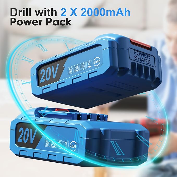 Cordless Drill, 20V Power Drill, Double 2000mAh Power Pack Electric Drills, Cordless Drills with Power Pack and Charger, 3/8" Keyless Chuck Screwdriver with 25+1 Max 370 In-lb Torque, 42Pcs Bits