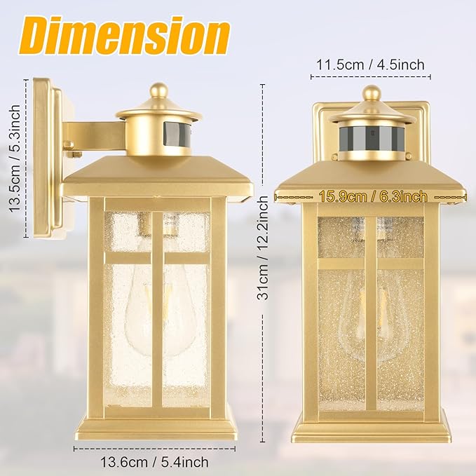 Modern Motion Sensor Outdoor Light Fixture, Gold Waterproof Dusk to Dawn Exterior Light for House, Garage, Garden
