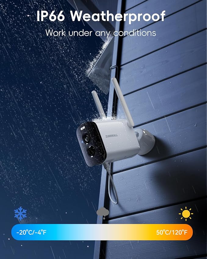 ZUMIMALL Solar Security Cameras Wireless Outdoor - 2 Packs, 2K Camera for Home Security with Color Night Vision, 2.4GHz WiFi, 2-Way Talk, Spotlight & Siren, IP66 Weatherproof, Compatible with Alexa